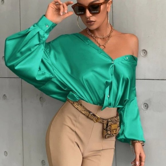 Button down Bishop Sleeve Shirt Blouse Green - Picture 5 of 6